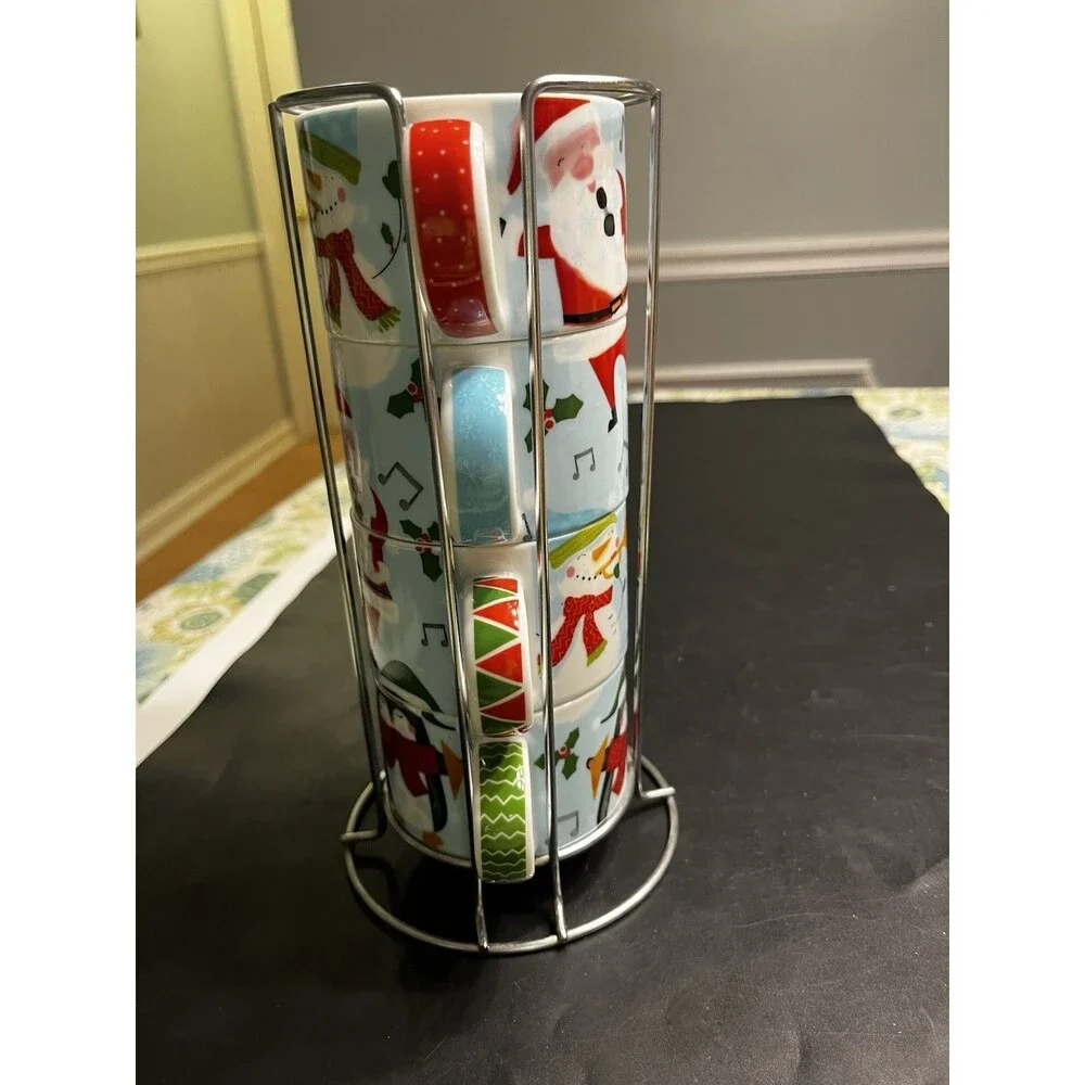Pier 1 Stackable Santa Snowman Christmas Mugs w Metal Holder